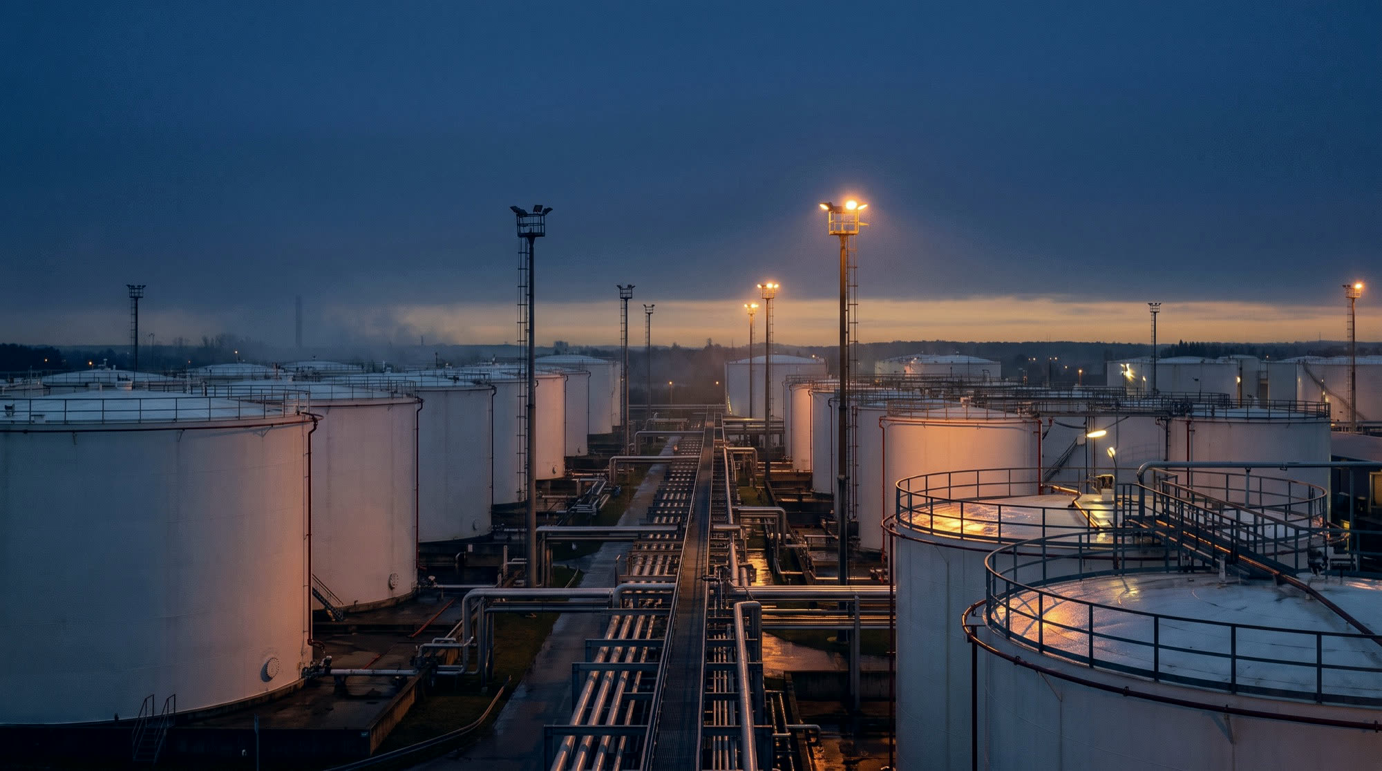 Bulk storage terminal at dusk