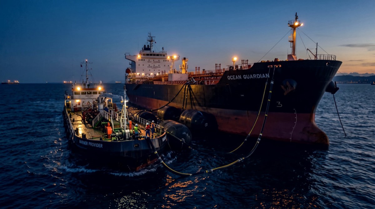 Ship-to-ship bunkering hose alongside a tanker