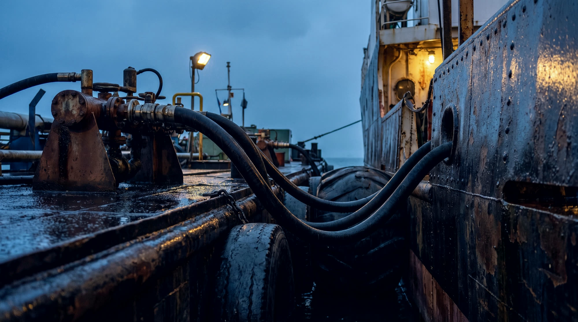 Bunkering operation alongside a vessel at the Singapore anchorage